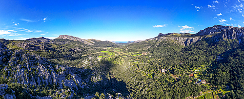 Aerial of the beautiful valley behind Pollenca, Mallorca, Balearic islands, Spain, Mediterranean, Europe