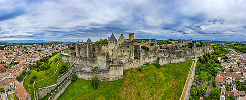 Aerial of the Cite de Carcassonne citadel, UNESCO World Heritage Site, Carcassonne, Aude, Occitania, France, Europe