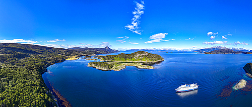 Aerial of a cruise ship in Wulaia Bay, Tierra del Fuego, Chile, South America