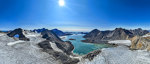 Panoramic aerial of Kulusuk fjord, Greenland, Denmark, Polar Regions