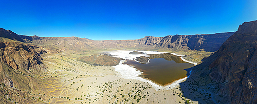 Aerial of the Trou du Natron volcanic crater and its natron lakes, Tibesti Mountains, Chad, Africa