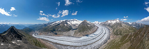 Aerial of the Great Altesch Glacier, UNESCO World Heritage Site, Bernese Alps, Switzerland, Europe