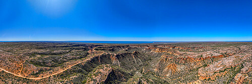 Panoramic aerial of Cape Range National Park, Exmouth, Western Australia, Australia, Pacific