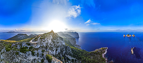 Panoramic aerial of the Formentor Peninsula, Mallorca, Balearic Islands, Spain, Mediterranean, Europe