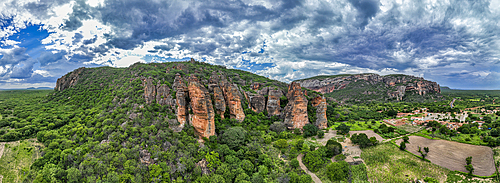 Aerial of the Sandstone cliffs in the Serra da Capivara National Park, UNESCO World Heritage Site, Piaui, Brazil, South America