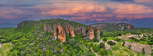 Aerial of the Sandstone cliffs in the Serra da Capivara National Park, UNESCO World Heritage Site, Piaui, Brazil, South America