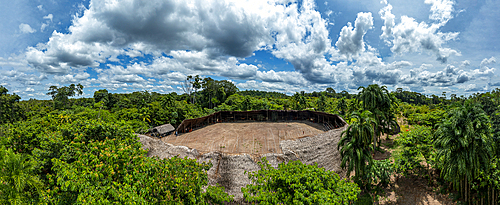 Aerial of a shabono (yanos), the traditional communal dwellings of the Yanomami tribes of Southern Venezuela, Venezuela, South America