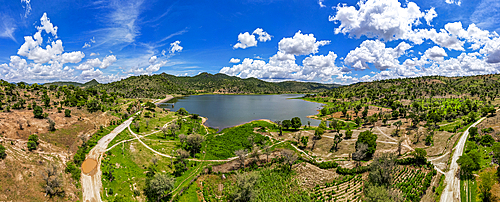 Aerial of the artificial lake near Zahoura, Northern Cameroon, Africa