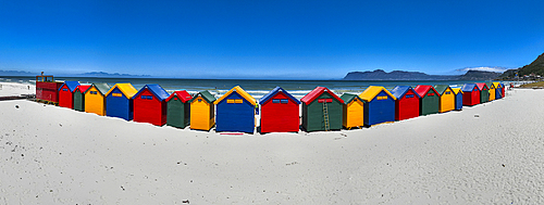 Panorama of the colourful beach huts on the beach of Muizenberg, Cape Town, South Africa, Africa