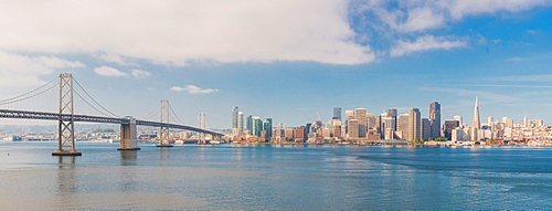 View of the skyline and Transamerica Pyramid from treasure island over the San Francisco Bay, San Francisco, California,