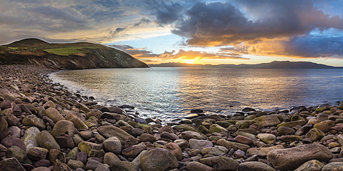 Storm beach at sunrise, Minard Bay, Dingle Peninsula, County Kerry, Munster, Republic of Ireland, Europe