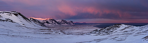 Snow covered mountains in evening sunlight, Snaefellsnes Peninsula, Iceland, Polar Regions