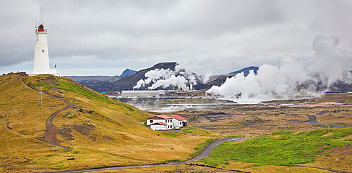 The Gudunvher geothermal plant, with the Reykjanesviti lighthouse, at the southwestern tip of the Reykjanes peninsula, Iceland, Polar Regions