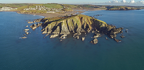 An aerial view of Burgh Island, Bigbury, and the estuary of the River Avon, on the south coast of Devon, England, United Kingdom, Europe