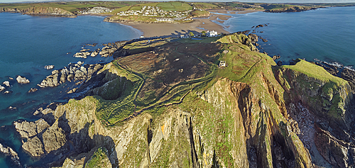 An aerial view of Burgh Island, Bigbury, and the estuary of the River Avon, on the south coast of Devon, England, United Kingdom, Europe