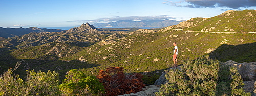 Wild mountainous coastline in north Corsica near Saint-Florent looking towards Cap Corse, Corsica, France, Mediterranean, Europe