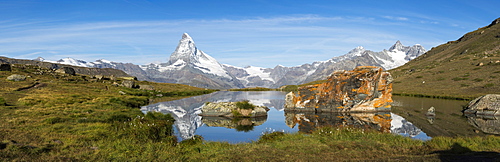 The Matterhorn reflected in Stellisee lake in the Swiss Alps, Switzerland, Europe