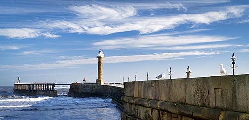 Whitby West Pier panorama and lighthouses, Whitby, North Yorkshire, Yorkshire, England, United Kingdom, Europe