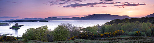 Sunset over Castle Stalker and Loch Linnhe, Argyll, Scotland, United Kingdom, Europe