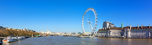 Panoramic view of London Eye, London County Hall building, River Thames, London, England, United Kingdom, Europe