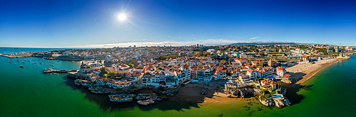 Aerial drone panoramic view of Cascais, on the Portuguese Riviera, in region known as the Green Coast due to the colour of the water, with beaches inclding Rainha, Duquesa and Conceicao, Portugal, Europe