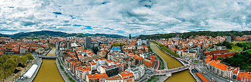 Aerial drone panoramic view of Bilbao, population 345000, Basque Country, northern Spain, Europe