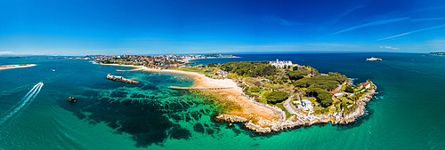 Aerial drone panoramic view of Magdalena Peninsula, a 69-acre peninsula near the entrance to the Bay of Santander in the city of Santander, Cantabria, north coast, Spain, Europe