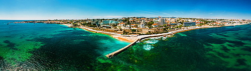 Aerial drone panoramic view of Cascais and Estoril coastlines with turquoise water, Cascais, 30km west of Lisbon, Portuguese Riviera, Portugal, Europe