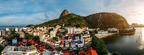 Aerial drone panorama of Urca neighbourhood and surrounding Botafogo and Guanabara Bay, UNESCO World Heritage Site, between the Mountain and the Sea, inscribed on the World Heritage List in 2012, Rio de Janeiro, Brazil, South America