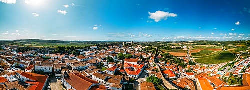 Aerial drone panoramic view of Obidos, a town in the Oeste region, historical province of Estremadura and Leiria district, Portugal, Europe