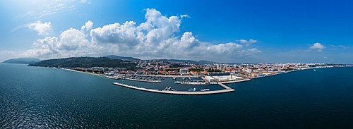 Aerial drone panoramic view of Setubal, on the marshy wetlands of the Sado estuary 40km south of Lisbon