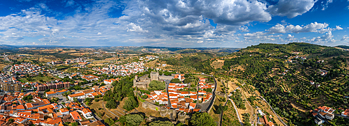 Aerial panoramic view of Bragança Castle, one of the most characteristic examples of medieval architecture, was built in 1409 on the orders of king João I on foundations dating back to the times of the first king of Portugal, Afonso Henriques