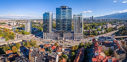 Aerial drone panoramic view of the Grand Hotel Millennium Sofia and commercial complex in Sofia, Bulgaria