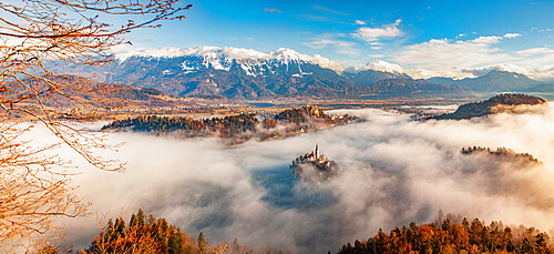 Panorama of Lake Bled in the Julian Alps of the Upper Carniolan region, northwestern Slovenia, Europe