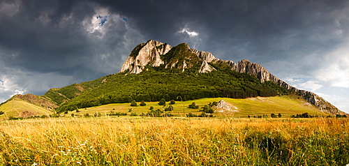 Panorama of Piatra Secuiului over Rimetea village in the Transcaului Mountains in western Transylvania, 25 km west of Turda, Romania, Europe