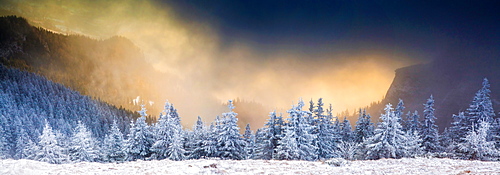 Sunrise in Ceahlaul Massif in winter, Romania, Europe