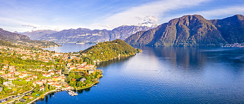 Aerial view of Tremezzina villages in autumn, Lake Como, Lombardy, Italian Lakes, Italy, Europe