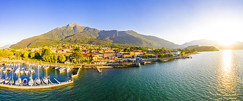 Panoramic aerial view of Colico village at sunset, Lake Como, Lombardy, Italian Lakes, Italy, Europe