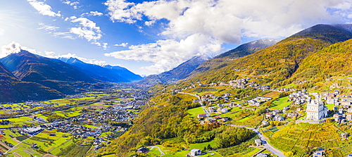 Aerial view by drone of Valtellina in autumn, Lombardy, Italy, Europe