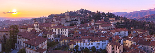 San Vigilio hill with historic center of Upper Town from above during sunset, Bergamo, Lombardy, Italy, Europe