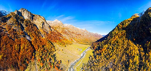 Panoramic aerial view of Val Bodengo during autumn, Valchiavenna, Valtellina, Lombardy, Italy, Europe