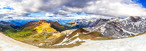 Panoramic view of Stelvio Mountain pass at sunset, Valtellina, Lombardy, Italy, Europe