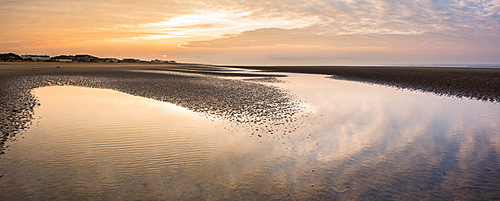 Camber Sands Beach at sunrise, East Sussex, England, United Kingdom, Europe