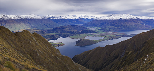 Panoramic view of Mount Aspiring and mountain range from the Roys Peak near Wanaka, Otago, South Island, New Zealand, Pacific