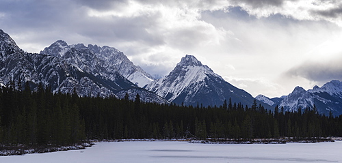 Panoramic winter landscape of the Canadian Rocky Mountains at the Lower Kananaskis Lake, Alberta, Canada, North America