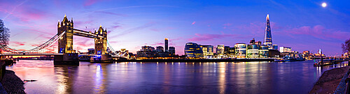 Panoramic view of Tower Bridge, The Shard, HMS Belfast, River Thames and London Bridge at sunrise, London, England, United Kingdom, Europe