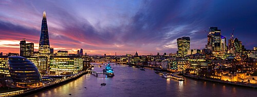 Panoramic view of River Thames, The Shard, City of London and London Bridge at sunset, London, England, United Kingdom, Europe