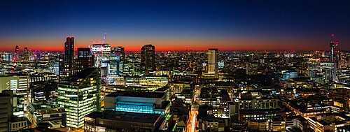 Panoramic aerial view of London skyline at dusk, including St. Paul's Cathedral and West London, England, United Kingdom, Europe