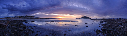 Winter dawn panorama of St. Michael's Mount and Marazion, Cornwall, England, United Kingdom, Europe