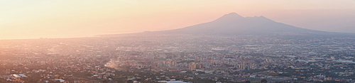 Panoramic view of the city of Naples and Mount Vesuvius at sunset, Campania, Italy, Europe